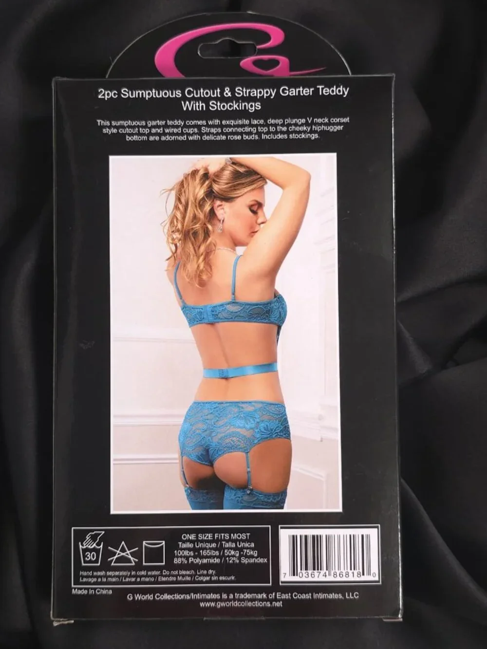 G WORLD Intimates Teal Quartz 2-Piece Cutout Strappy Garter Teddy Stockings